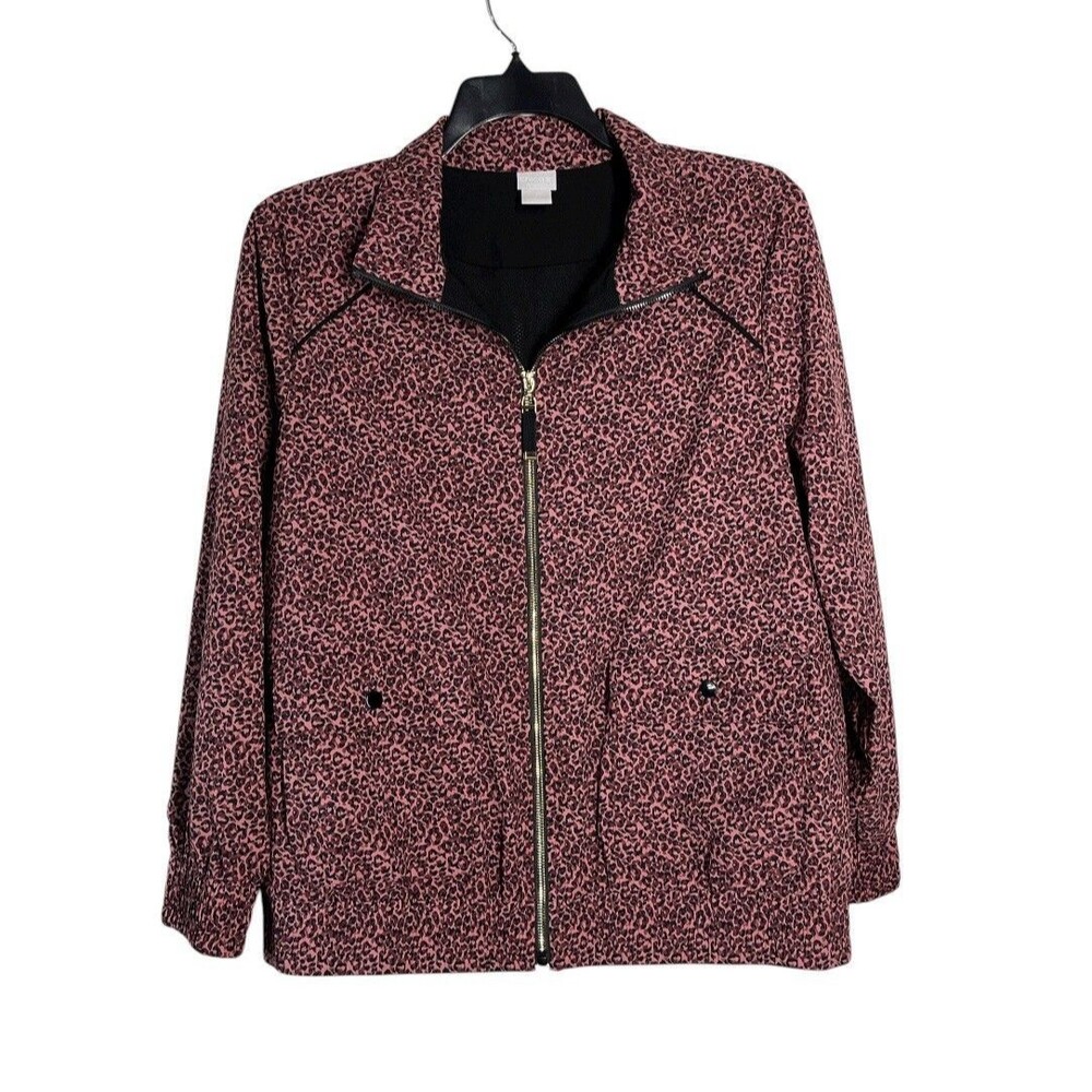 Chico's Zynergy Jacket Women XL Pink Full Zip Leopard Print Long Sleeve Pockets